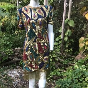 Vintage 80s beaded and sequins Dress with shoulder pads